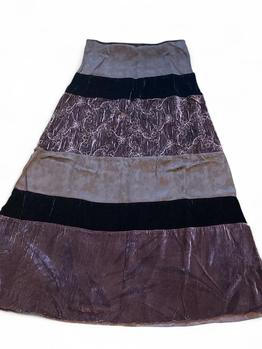 Y2K Roberto Cavalli Class Mauve and Black Tiered Floral Patchwork Maxi Skirt